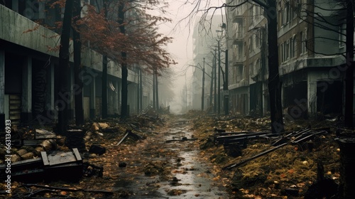 Detailed destruction of fictitious city with debris and collapsing structures. Concept of war, natural disasters, judgment day, fire, nuclear accident or terrorism. Generative AI