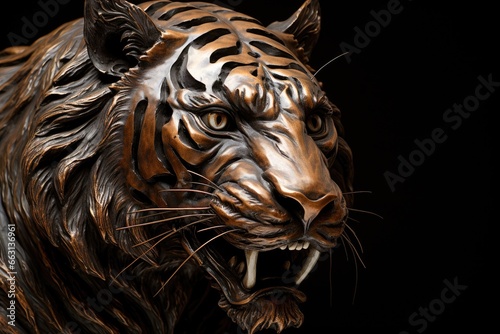 Closeup of bronze tiger head. Generative AI