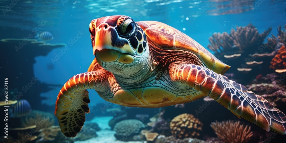 Obraz premium a beautiful sea turtle around very beautiful coral reef, AI Generative
