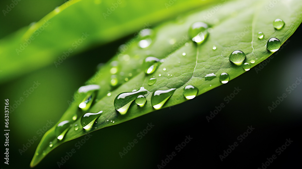 Droplet of Water on Green Leaf, Extreme Macro shot. Co2 decrease emissions , limit global warming . Climate Change .Ai generative. Droplet of Water on Green Leaf, Extreme Macro shot. Co2 decrease emissions , limit global warming . Climate Change .Ai generative.