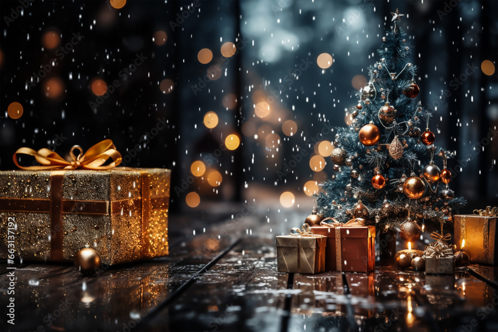 Enchanting Christmas Background Picture with Gifts, Boules de Noël, Blurry Shiny Lights, and Magical Festive Ambiance