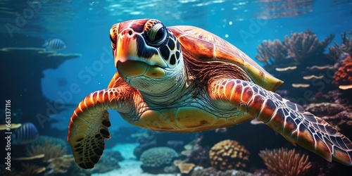 a beautiful sea turtle around very beautiful coral reef  AI Generative