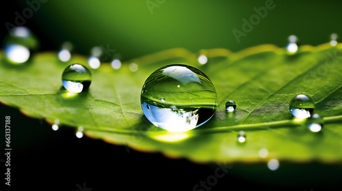 Droplet of Water on Green Leaf, Extreme Macro shot. Co2 decrease emissions , limit global warming . Climate Change .Ai generative.