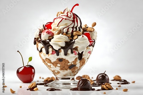 A delightful dessert made with scoops of ice cream, various toppings like chocolate syrup, whipped cream, nuts, and a maraschino cherry on top © Visual Aurora