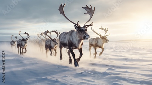 Reindeers running in snowy field under sky © ra0