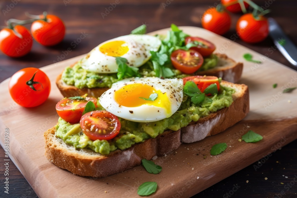 Avocado toast with eggs and roasted tomatoes.