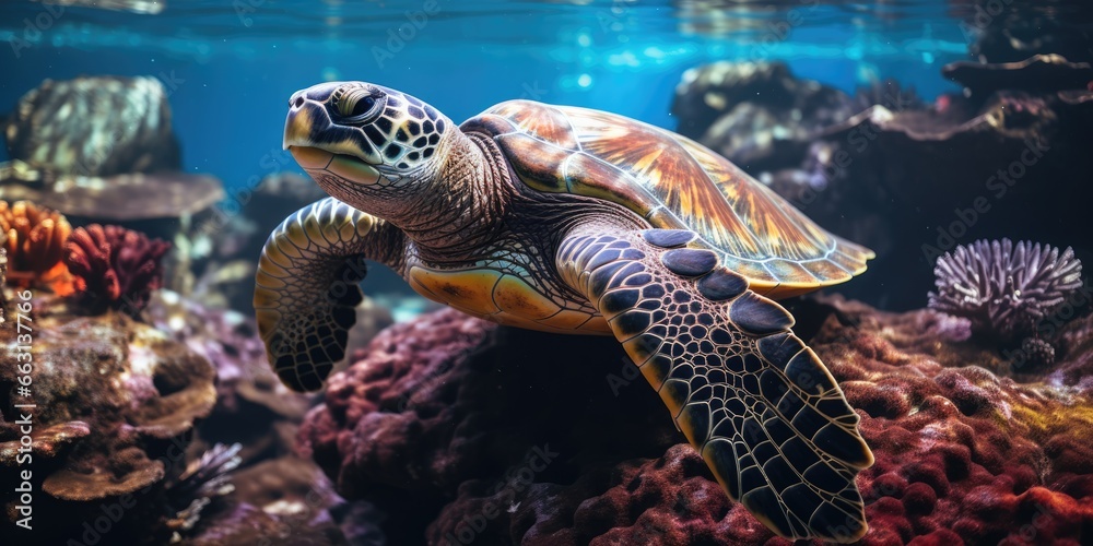 Fototapeta premium a beautiful sea turtle around very beautiful coral reef, AI Generative