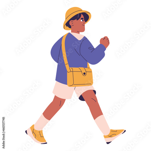 Determined boy in uniform go to aim, goal. Aspiration of success. Kid in panama walk, stepping, carrying bag, schoolbag. Children back to school. Flat isolated vector illustration on white background