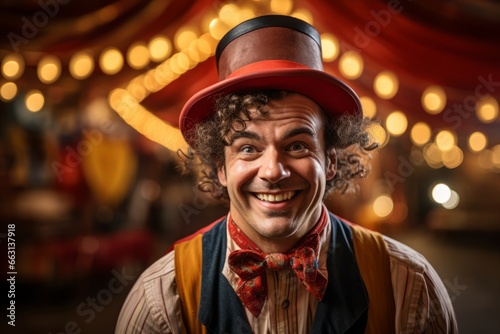 Portrait of a joyful clown with a beaming smile and a classic red nose, embracing the vintage circus atmosphere. Created with generative AI technology