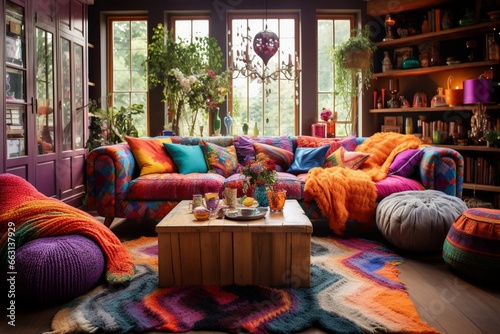 Create a bohemian-style living room with eclectic furniture and vibrant textiles