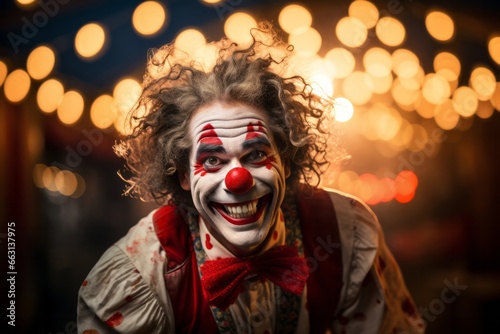 Portrait of a joyful clown with a beaming smile and a classic red nose, embracing the vintage circus atmosphere. Created with generative AI technology
