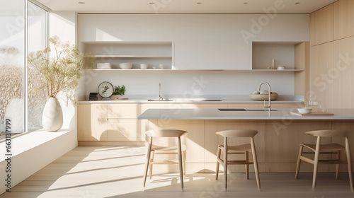 Morning in Modern Minimalist Newlywed Kitchen Pastel Island Table Under Natural Light © ByungWook