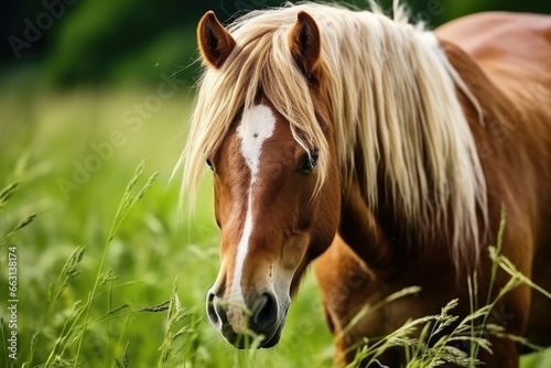 Brown horse with blond hair eats grass on a green meadow detail from the head. © ABDULHAMID