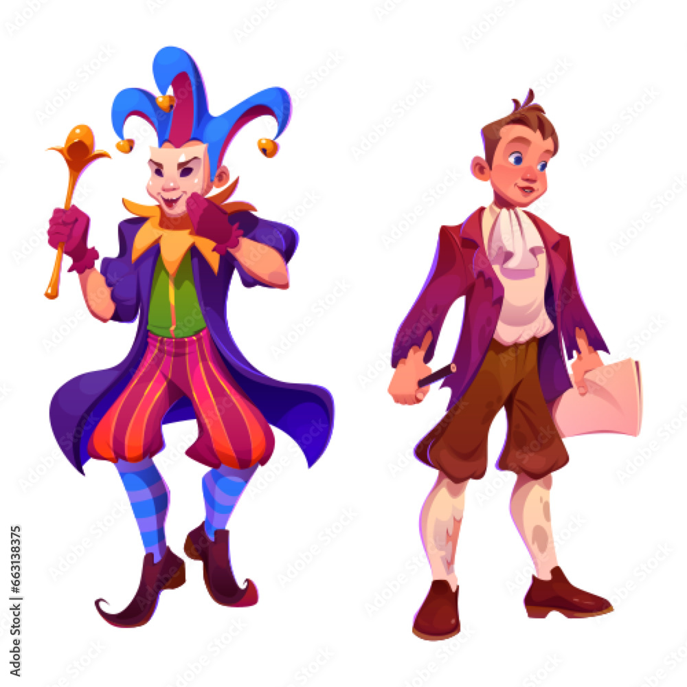 Carnival character clown and writer isolated vector. People in costume as public artist. Medieval young scientist profession guy and retro laughter comedian drawing set. Entertainment activity design