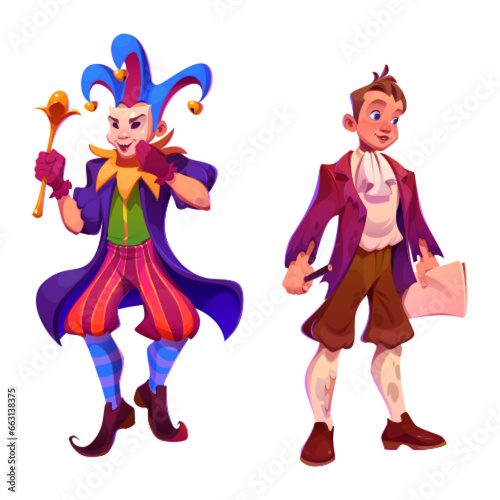 Carnival character clown and writer isolated vector. People in costume as public artist. Medieval young scientist profession guy and retro laughter comedian drawing set. Entertainment activity design