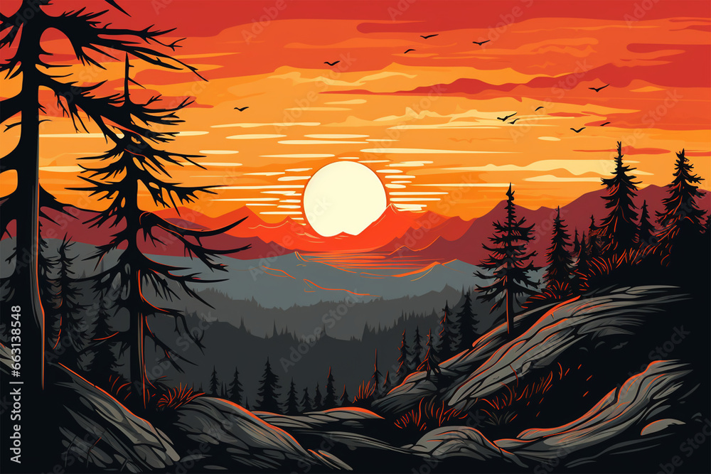vector illustration of sunset landscape and silhouette