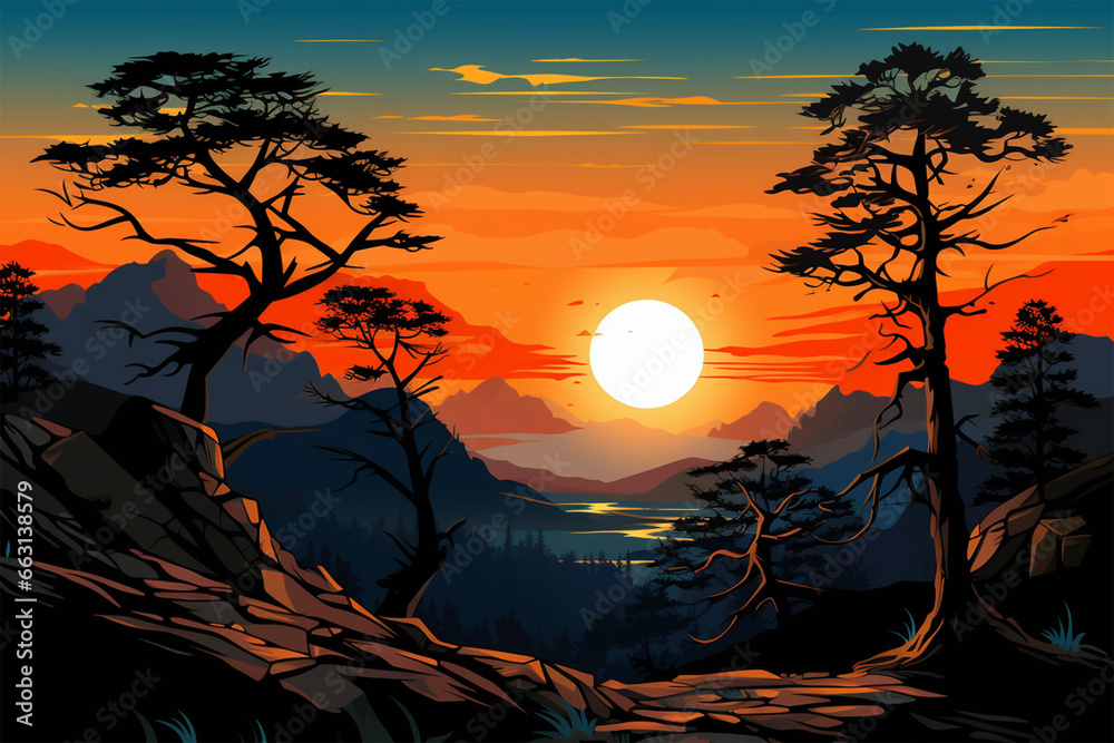 vector illustration of sunset landscape and silhouette