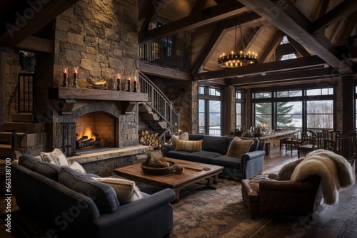 Create a cozy, rustic cabin interior with wooden beams and a stone fireplace