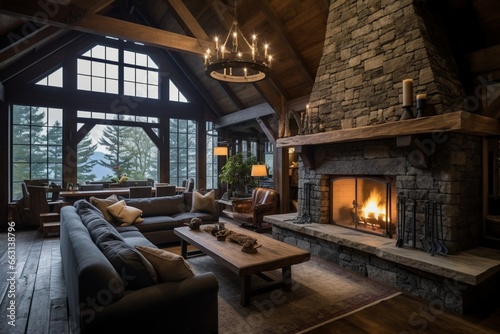 Create a cozy, rustic cabin interior with wooden beams and a stone fireplace