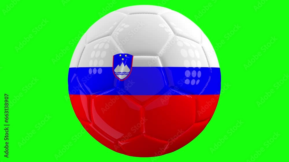 Very realistic isolated spinning soccer ball with the flag of Slovenia on it in front of a green screen background plus alpha matte for easy isolation. Seamless loop 3D animation. Very realistic isolated spinning soccer ball with the flag of Slovenia on it in front of a green screen background plus alpha matte for easy isolation. Seamless loop 3D animation.