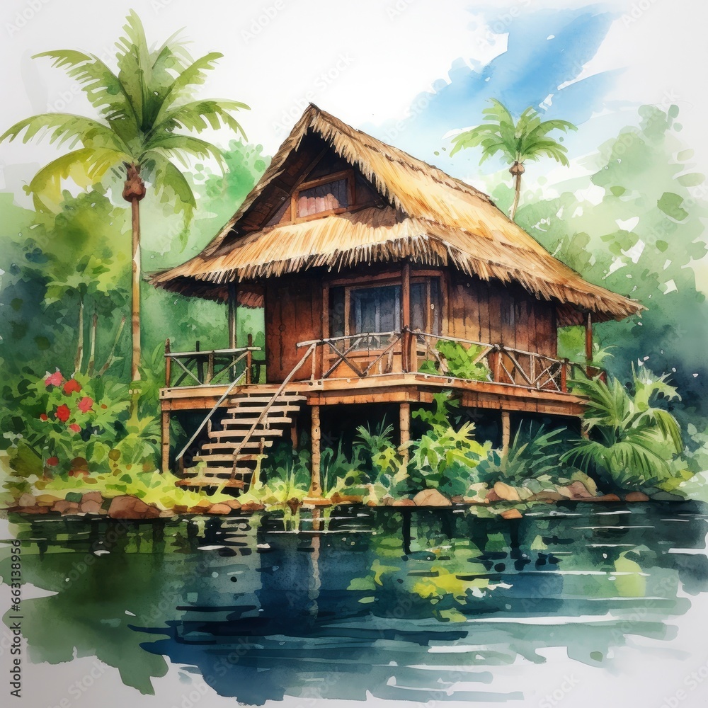 A watercolored bright serene image of a traditional bahay kubo. A watercolored bright serene image of a traditional bahay kubo.