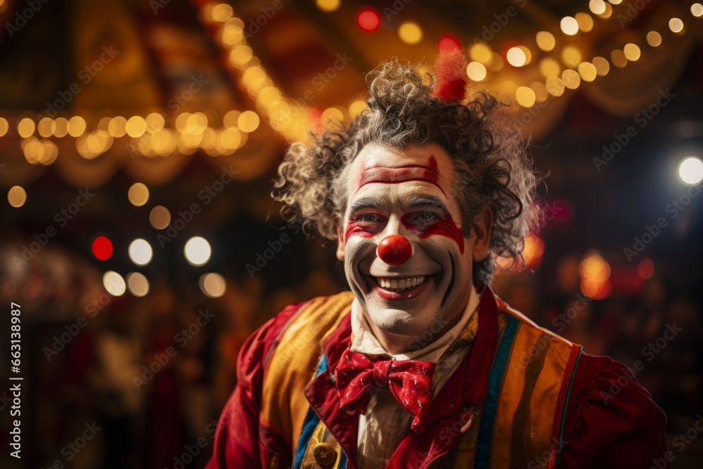 Portrait of a joyful clown with a beaming smile and a classic red nose, embracing the vintage circus atmosphere. Created with generative AI technology