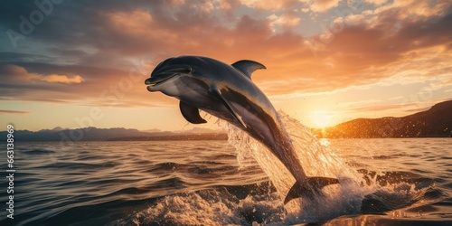 a image beautiful dolphin leaping jumping from shining sunset sea, AI Generative photo