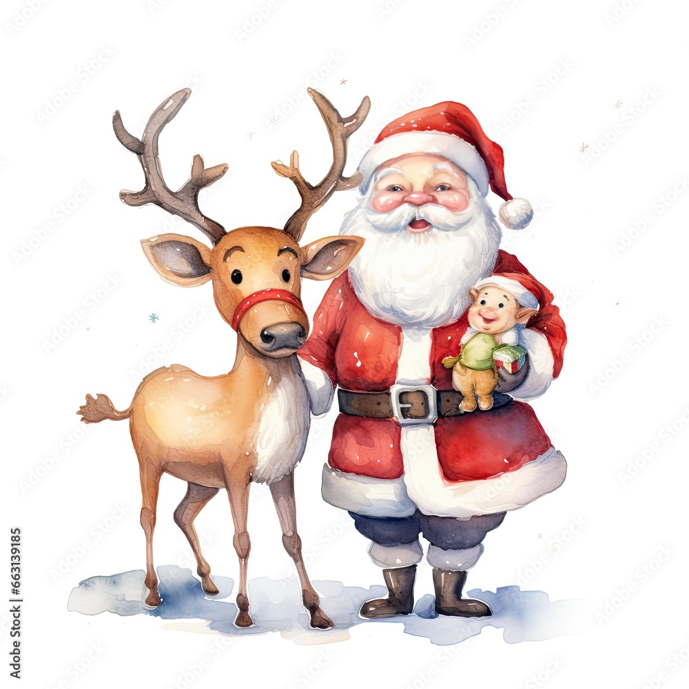 Cute Santa Claus standing with reindeer. Cute Santa Claus standing with reindeer.