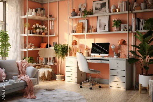 Create a stylish and functional home office space within a limited area, suitable for remote work