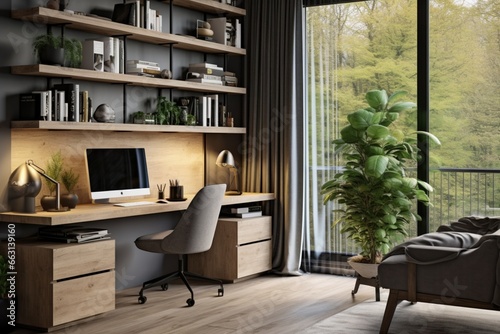Create a stylish and functional home office space within a limited area, suitable for remote work
