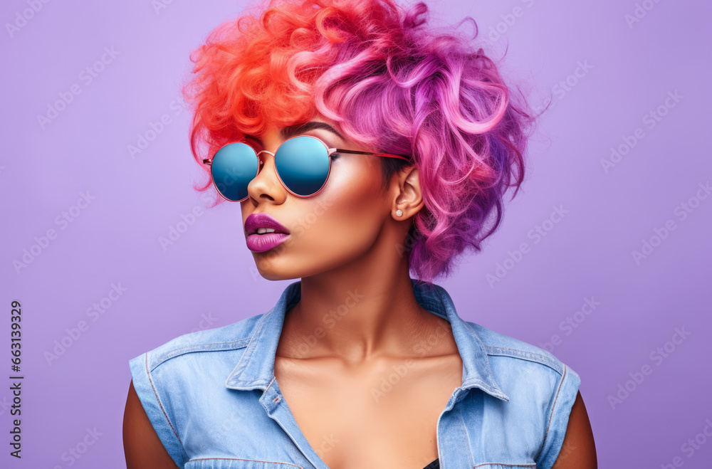 Young African American woman with vibrant pink curly hair wearing retro clothes