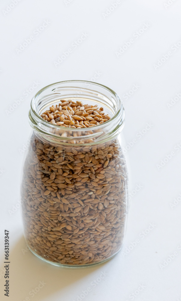 Spelt grains neatly stored in a glass jar against a clean white background, illustrating food storage Spelt grains neatly stored in a glass jar against a clean white background, illustrating food storage