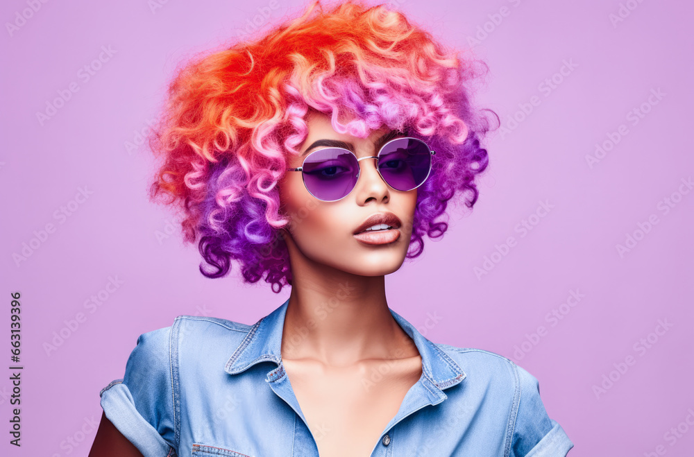 Young African American woman with vibrant pink curly hair wearing retro clothes