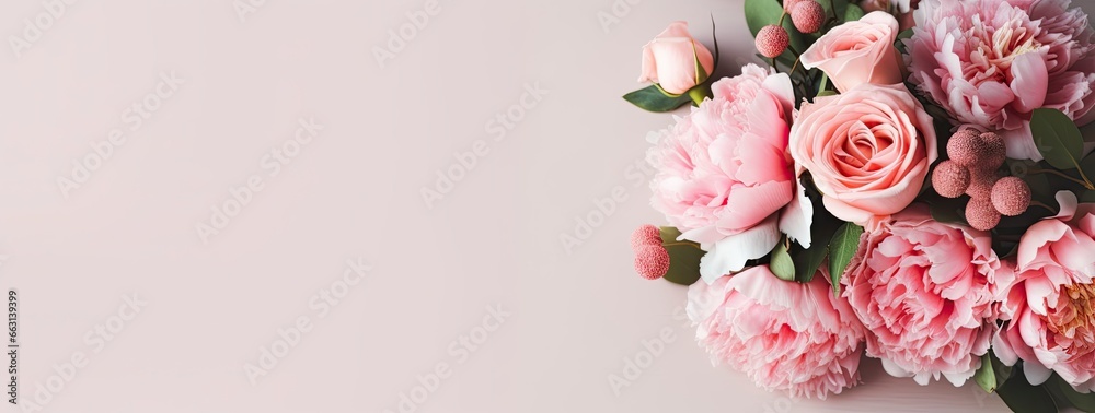Fresh bunch of pink peonies and roses with copy space. Fresh bunch of pink peonies and roses with copy space.