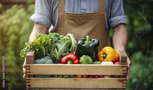 Farmer man holding wooden box full of fresh raw vegetables. AI Generated © ABDULHAMID