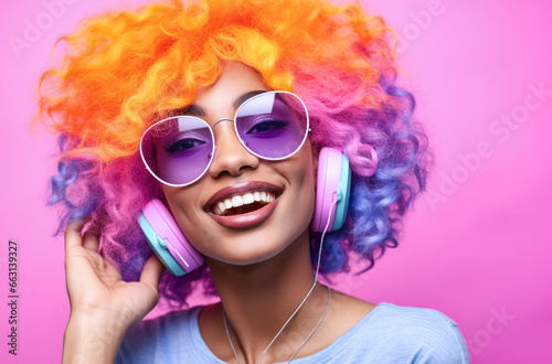 Young African American woman with vibrant pink curly hair wearing retro clothes