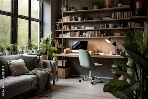 Create a stylish and functional home office space within a limited area, suitable for remote work