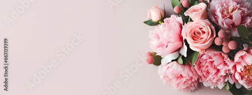 Fresh bunch of pink peonies and roses with copy space. © ABDULHAMID