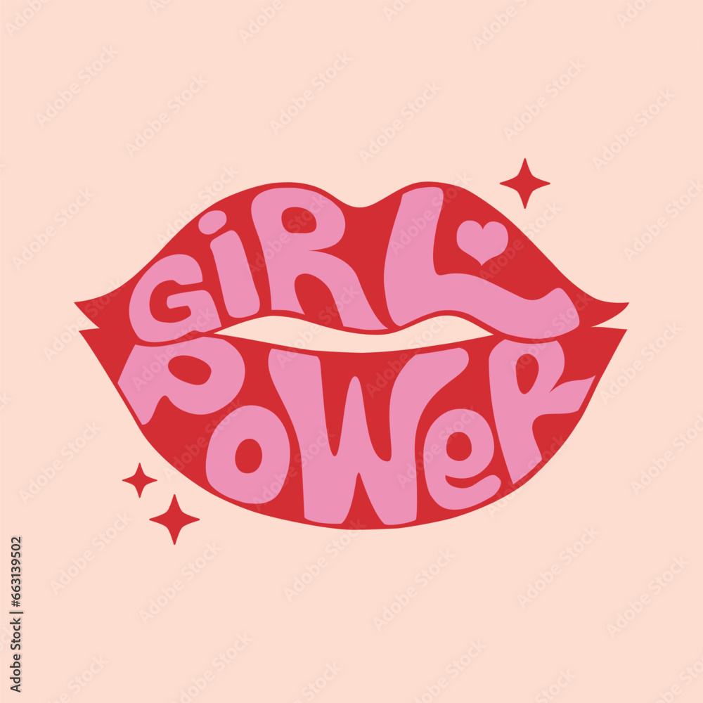 Girl power groovy lettering in red lips shape. Retro 1970s feminist slogan for t-shirts, posters or cards. Girl power groovy lettering in red lips shape. Retro 1970s feminist slogan for t-shirts, posters or cards.