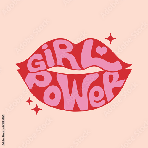 Girl power groovy lettering in red lips shape. Retro 1970s feminist slogan for t-shirts, posters or cards.