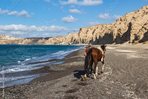 Cavallo in spiaggia a Santorini