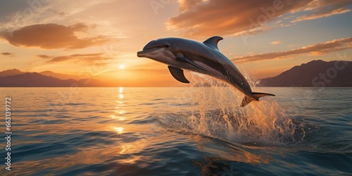a image beautiful dolphin leaping jumping from shining sunset sea  AI Generative
