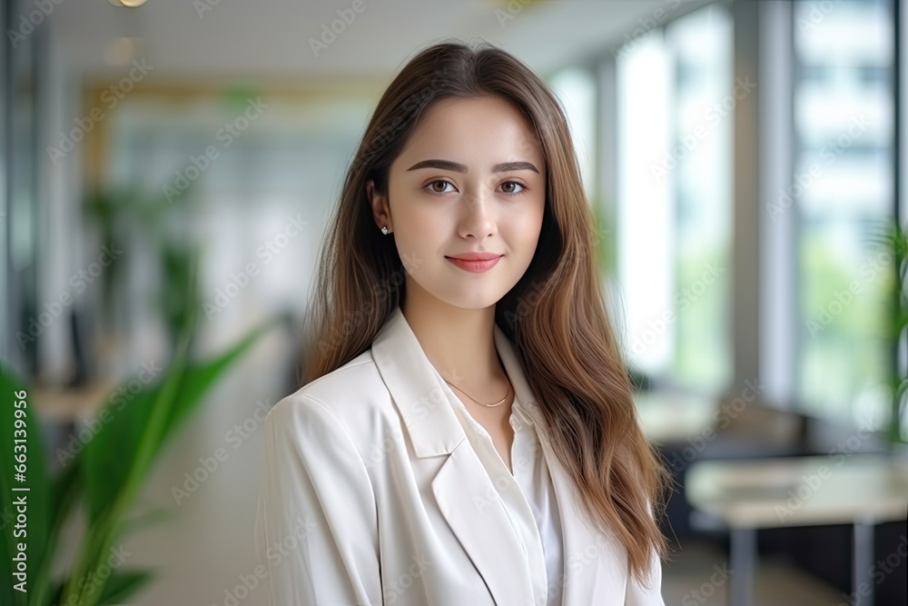 Beautiful Asian business woman smile in modern office. Smart and confident . Generative AI Beautiful Asian business woman smile in modern office. Smart and confident . Generative AI