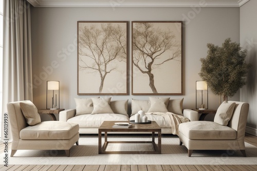 Beige symmetrical living room with two canvases. Seating idea. Generative AI