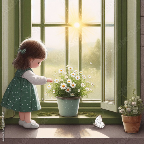 Girl and butterfly looking at flower and tree pots