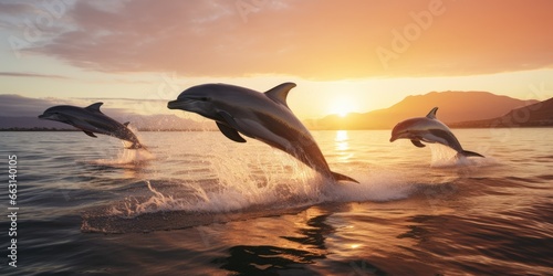 a image beautiful dolphin leaping jumping from shining sunset sea, AI Generative