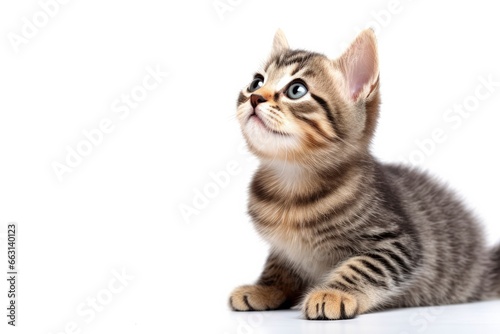 Playful funny kitten looking up isolated on a white background.