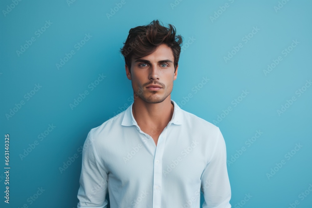 Attractive young man on blue wall. Fashion person at summer time. Generate Ai Attractive young man on blue wall. Fashion person at summer time. Generate Ai