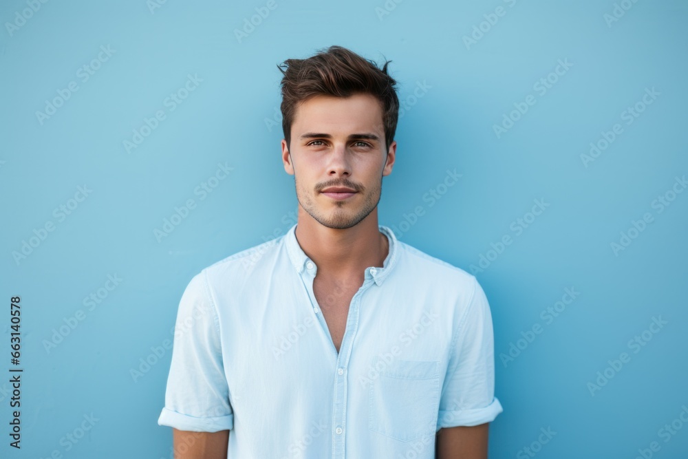 Attractive young man face on blue wall. Looking fashion person with big blue eyes. Generate Ai Attractive young man face on blue wall. Looking fashion person with big blue eyes. Generate Ai