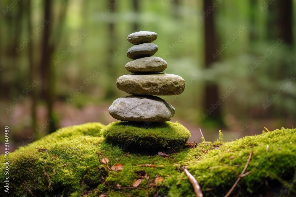 Pyramid stones balance on old mossy fallen tree. Pyramid stones balance on old mossy fallen tree.